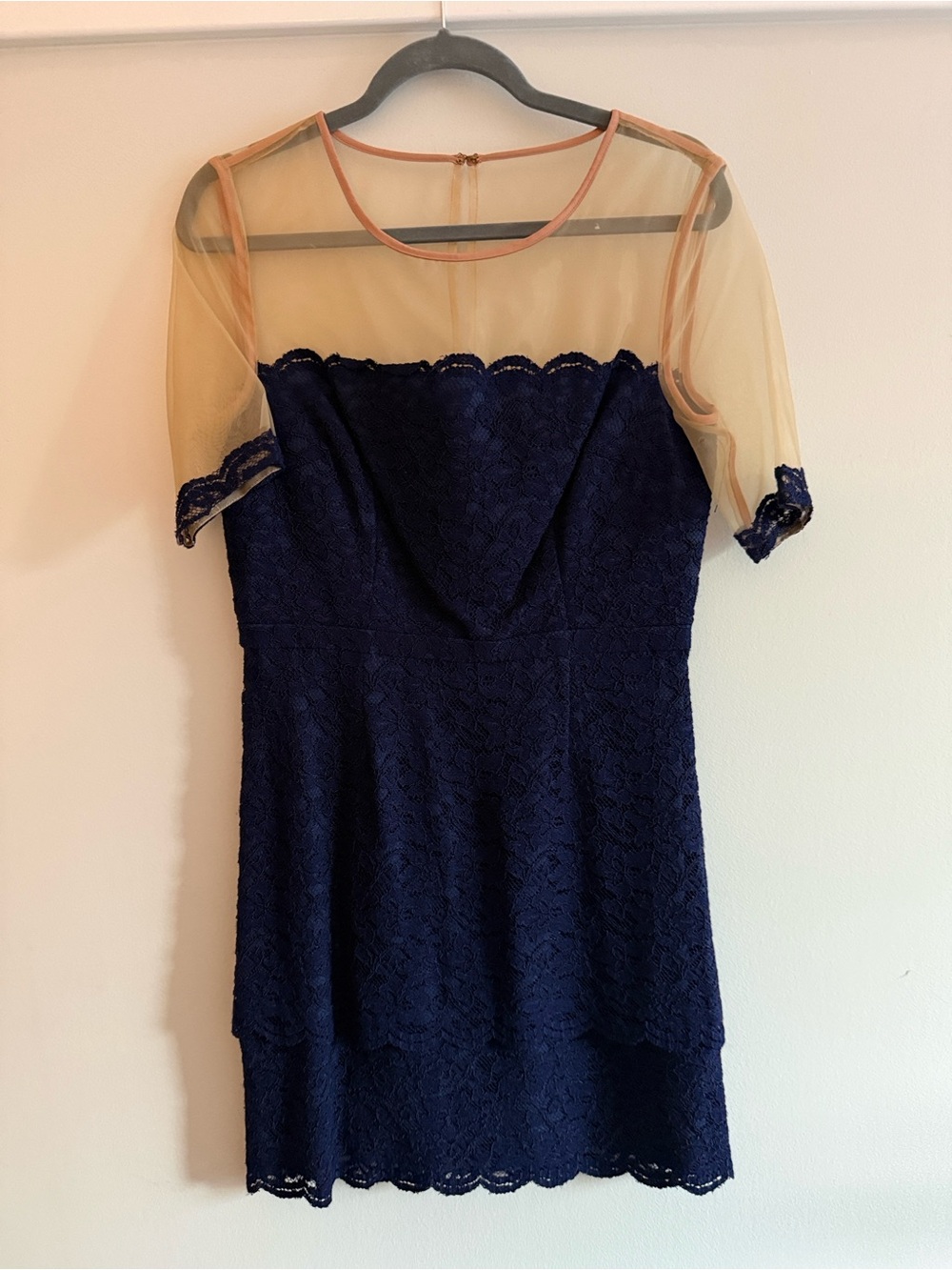 Cynthia Steffe Navy Lace Dress with Sheer Nude Yoke and Short Sleeves